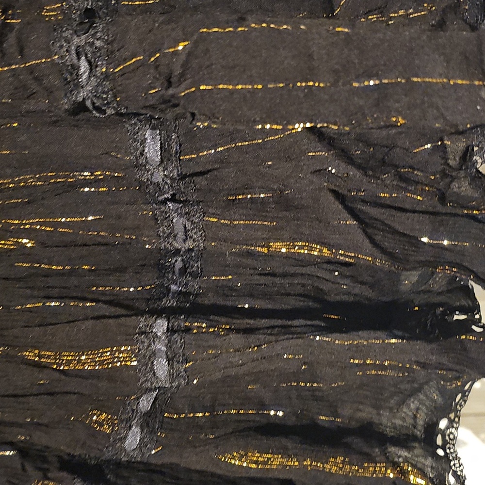 Derek Heart Black & Gold Tiered Boho Skirt | Metallic Thread Lace Trim | Size M - Picture 3 of 5